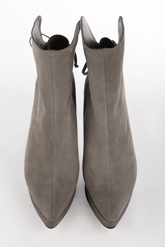 Taupe brown women's ankle boots with laces at the back. Tapered toe. Very high slim heel with a platform at the front. Top view - Florence KOOIJMAN
